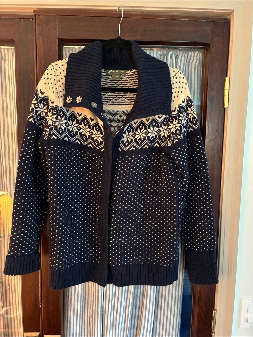Eddie Bauer Navy and Cream Nordic Shawl Collar Zip Cardigan